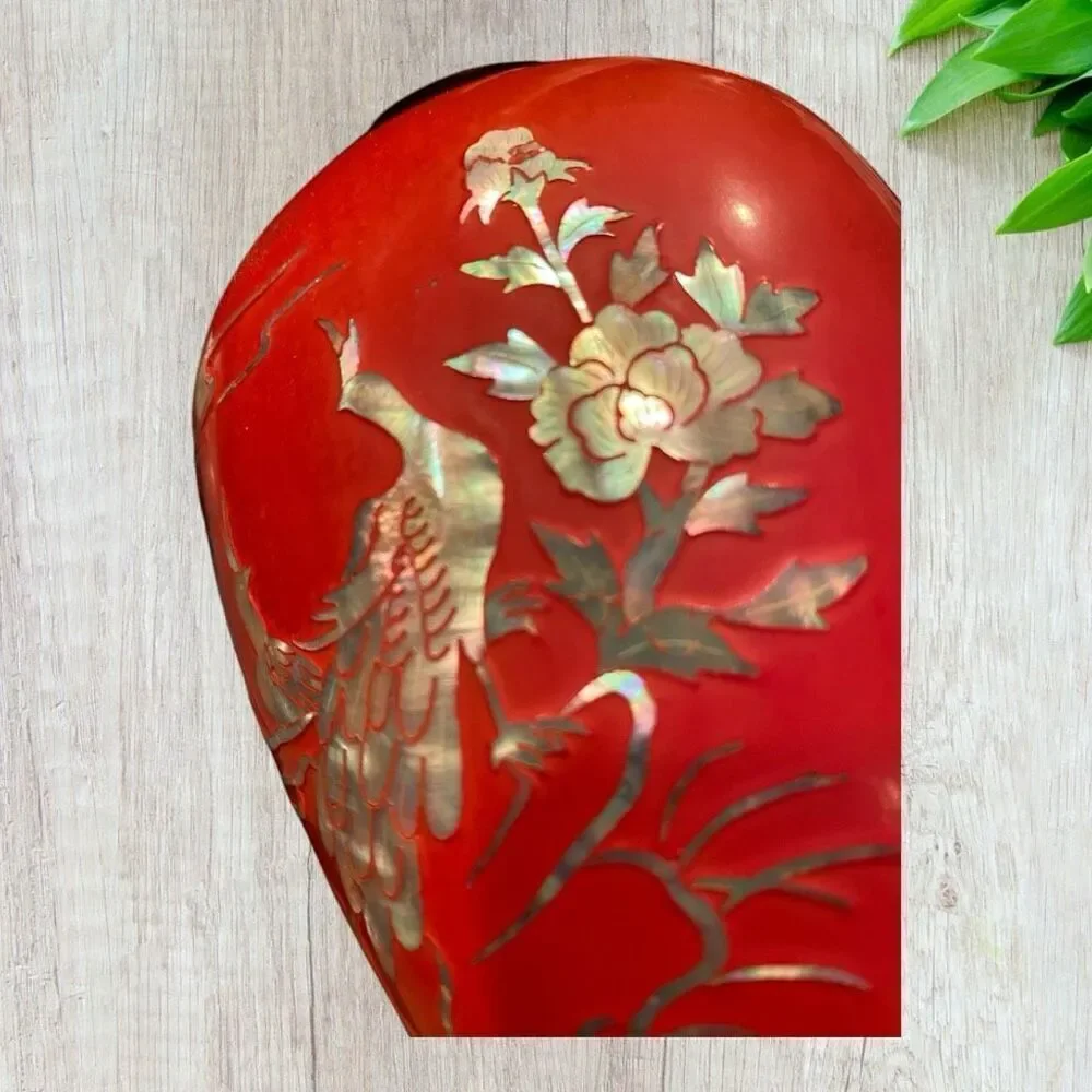 Vintage Brass Enamel Vase Mother Of Pearl Inlay Hearts Peacock